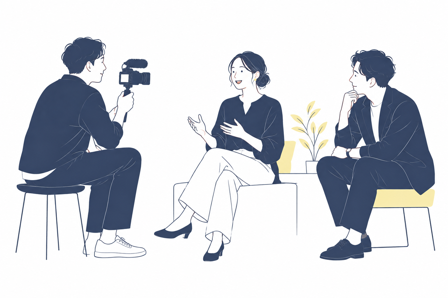 働く人の話を聞き、動画でその魅力を伝える場面のイラスト