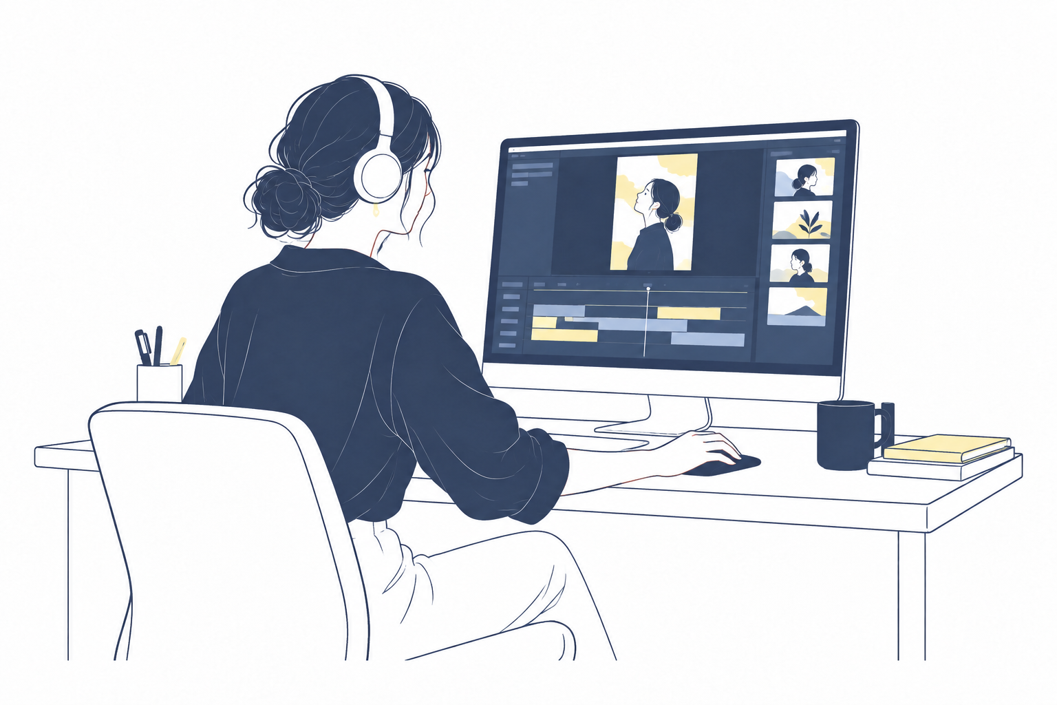 ヘッドホンを着けた編集者が動画を制作・改善しているイラスト