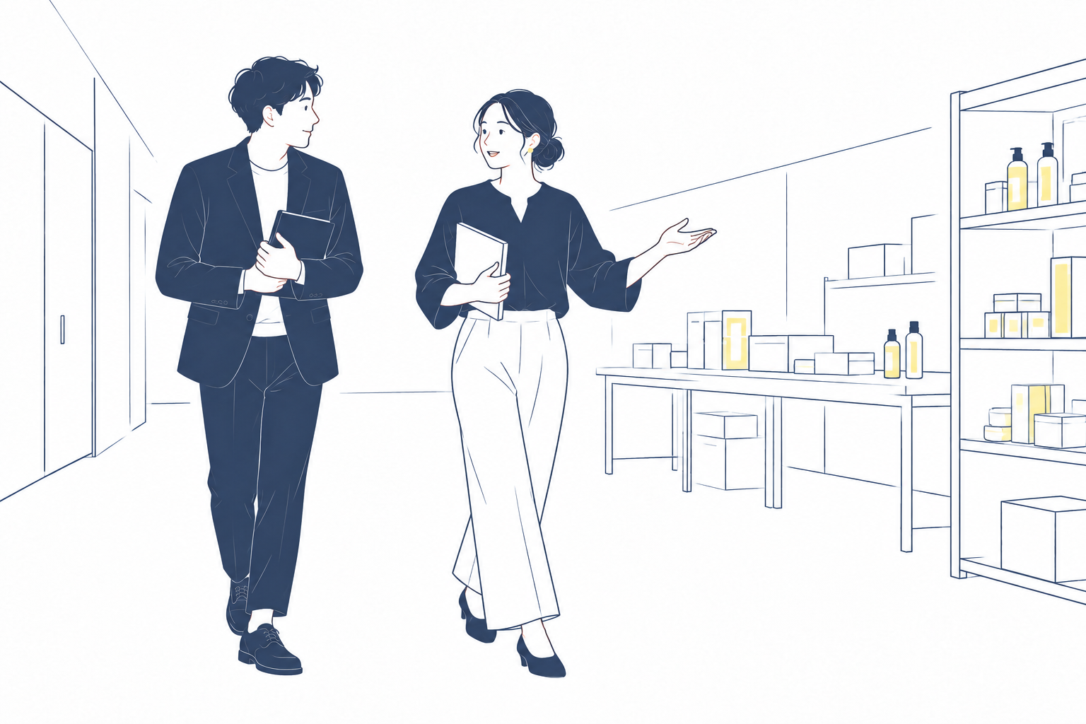 企業の担当者が職場を案内し、支援担当者が話を聞いているイラスト